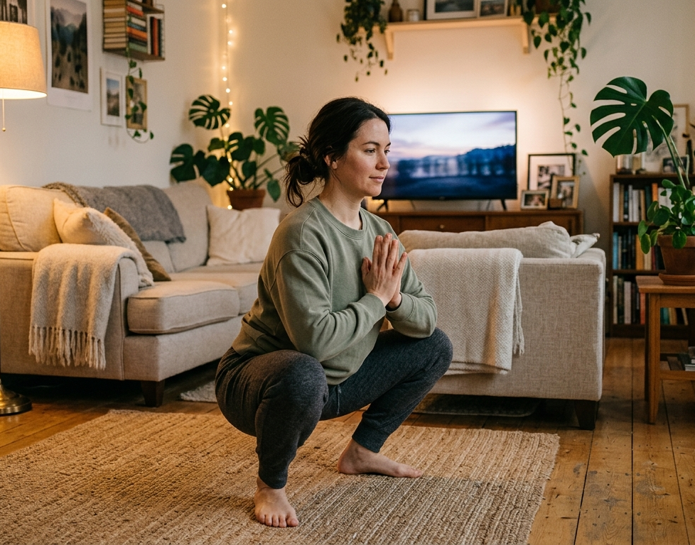 Frau macht Kniebeugen im Wohnzimmer vor dem Fernseher