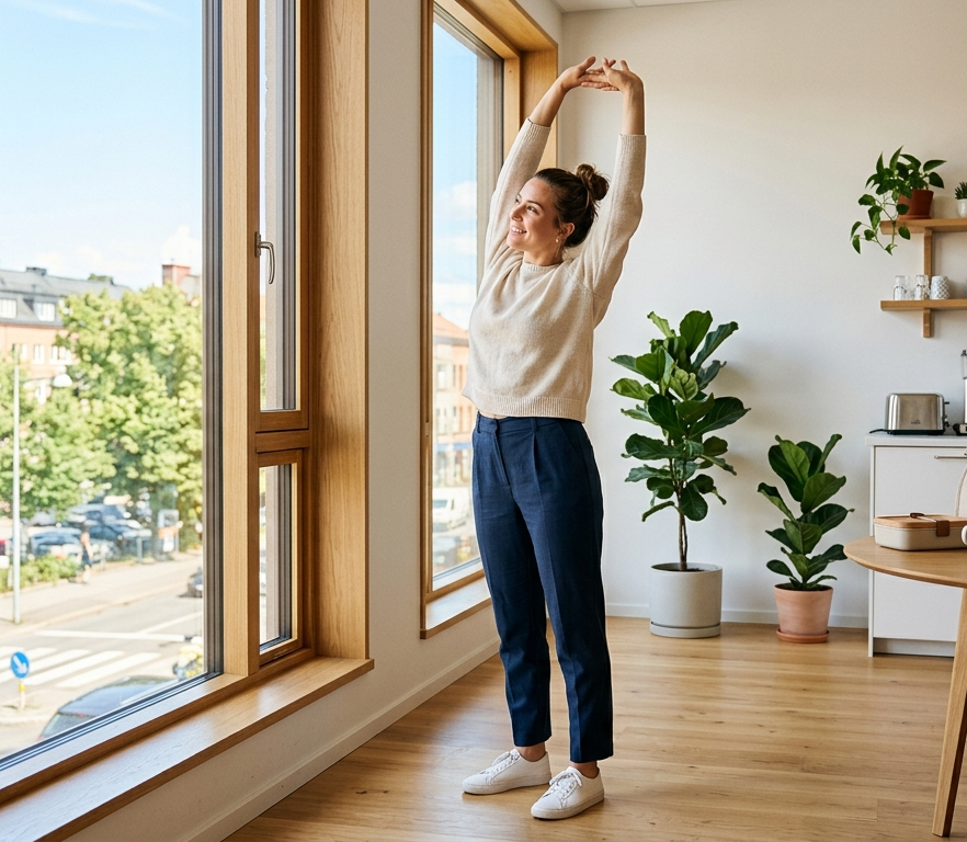 Frau macht Dehnübungen in einer hellen Büroküche