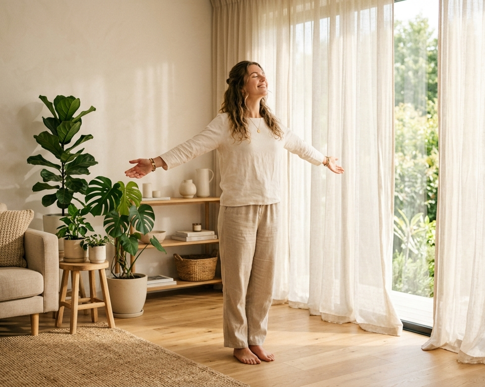 Frau in Brustöffnungspose vor einem hellen Wohnzimmerfenster
